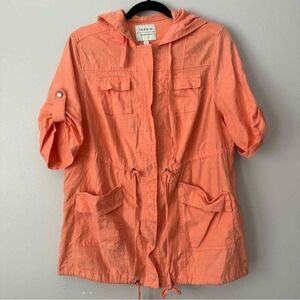 Torrid 00 Coral Short Sleeve Linen Blend Hooded Snap Front Jacket